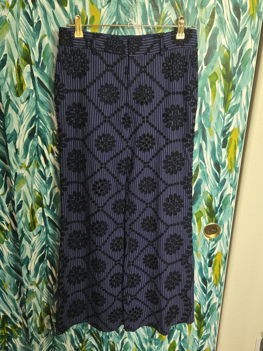 Anthropologie ETT TWA Embroidered Eyelet Wide Leg Pants Navy Pinstripe